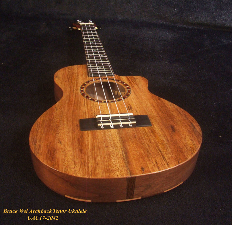Handcrafted Tenor Ukulele, Carved ARCHBACK Solid Mango, Maple & Walnut MOP Inlay, Soft-bag, Bruce Wei UAC17-2042