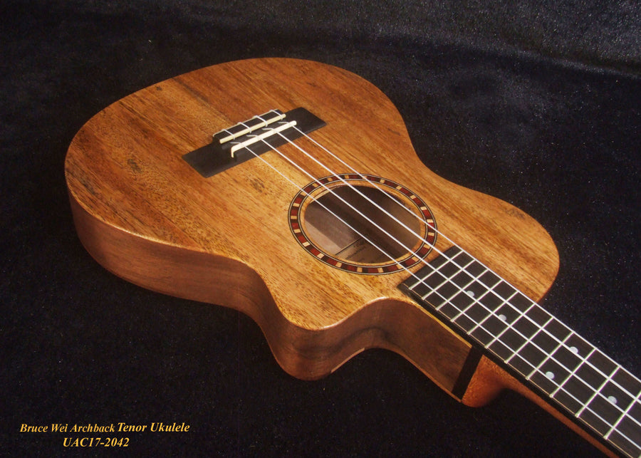 Handcrafted Tenor Ukulele, Carved ARCHBACK Solid Mango, Maple & Walnut MOP Inlay, Soft-bag, Bruce Wei UAC17-2042