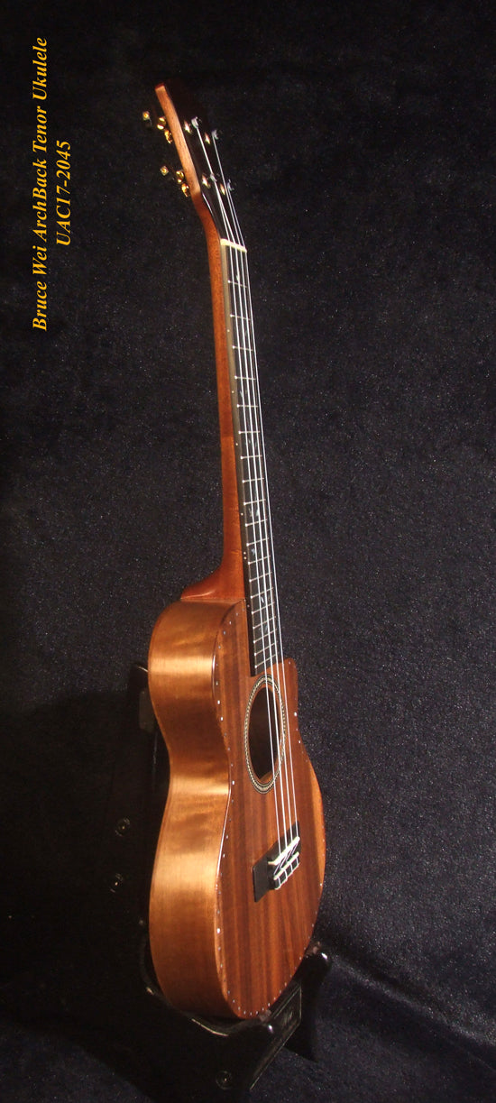 Handcrafted Tenor Ukulele, Carved ARCHBACK Solid Hawaiian Koa, Flame Maple MOP Vine Inlay, Soft-bag, Bruce Wei UAC17-2045