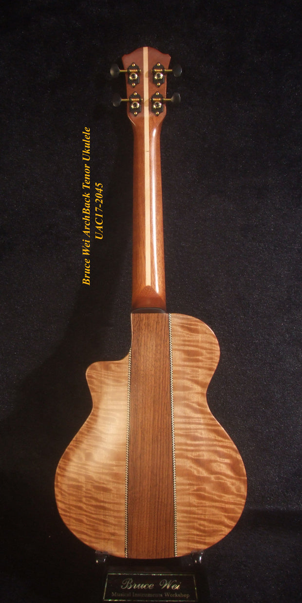 Handcrafted Tenor Ukulele, Carved ARCHBACK Solid Hawaiian Koa, Flame Maple MOP Vine Inlay, Soft-bag, Bruce Wei UAC17-2045