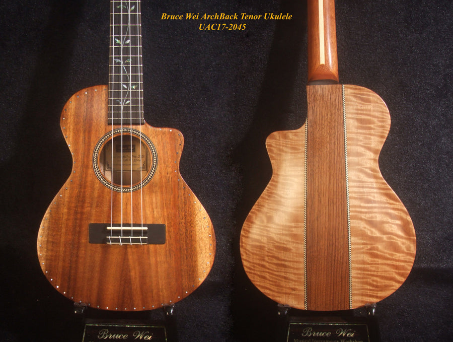 Handcrafted Tenor Ukulele, Carved ARCHBACK Solid Hawaiian Koa, Flame Maple MOP Vine Inlay, Soft-bag, Bruce Wei UAC17-2045