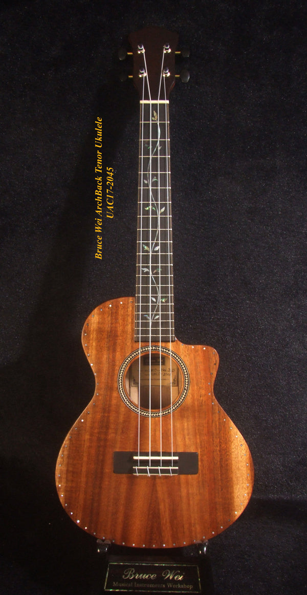 Handcrafted Tenor Ukulele, Carved ARCHBACK Solid Hawaiian Koa, Flame Maple MOP Vine Inlay, Soft-bag, Bruce Wei UAC17-2045