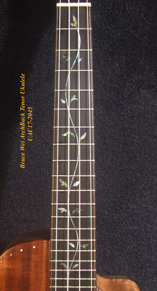 Handcrafted Tenor Ukulele, Carved ARCHBACK Solid Hawaiian Koa, Flame Maple MOP Vine Inlay, Soft-bag, Bruce Wei UAC17-2045