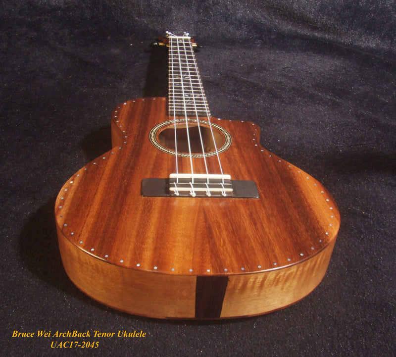 Handcrafted Tenor Ukulele, Carved ARCHBACK Solid Hawaiian Koa, Flame Maple MOP Vine Inlay, Soft-bag, Bruce Wei UAC17-2045