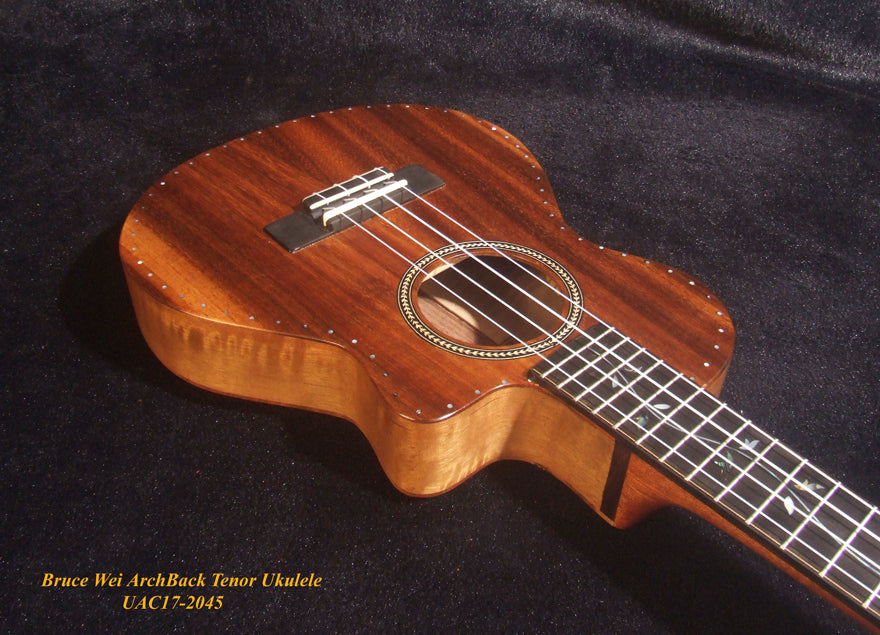 Handcrafted Tenor Ukulele, Carved ARCHBACK Solid Hawaiian Koa, Flame Maple MOP Vine Inlay, Soft-bag, Bruce Wei UAC17-2045