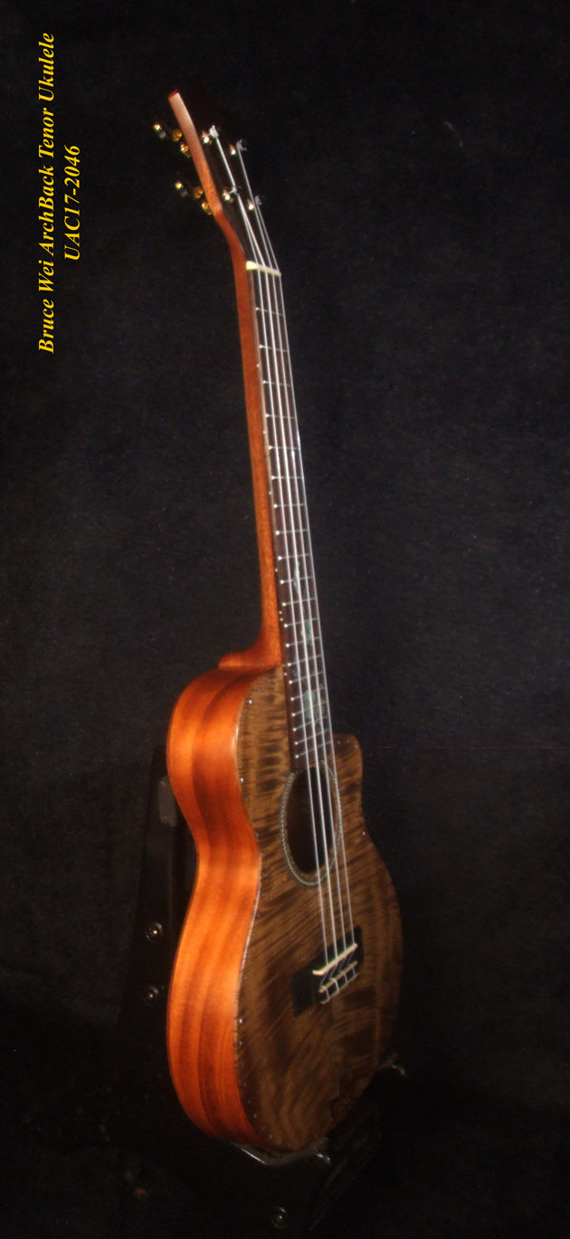 Handcrafted Tenor Ukulele, Carved ARCHBACK Solid Curly Acacia, Mahogany, Floral Inlay, Soft-bag, Bruce Wei UAC17-2046