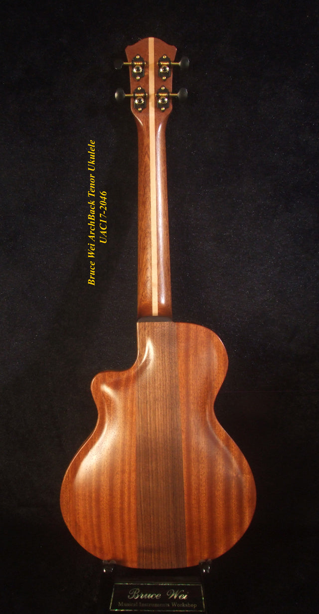 Handcrafted Tenor Ukulele, Carved ARCHBACK Solid Curly Acacia, Mahogany, Floral Inlay, Soft-bag, Bruce Wei UAC17-2046