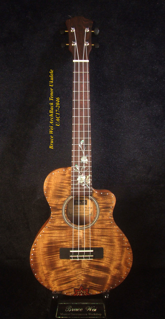 Handcrafted Tenor Ukulele, Carved ARCHBACK Solid Curly Acacia, Mahogany, Floral Inlay, Soft-bag, Bruce Wei UAC17-2046