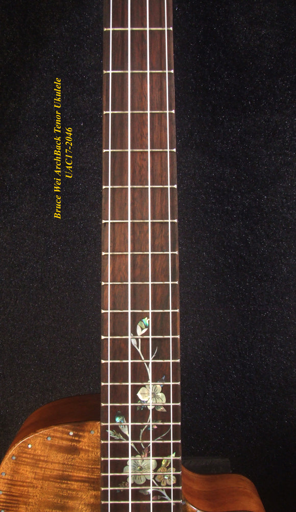 Handcrafted Tenor Ukulele, Carved ARCHBACK Solid Curly Acacia, Mahogany, Floral Inlay, Soft-bag, Bruce Wei UAC17-2046