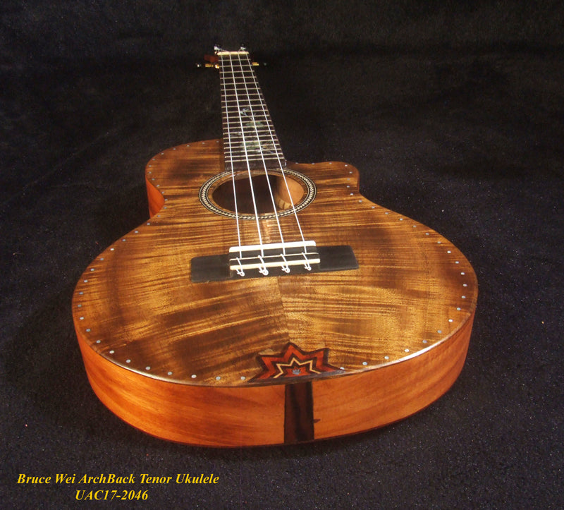 Handcrafted Tenor Ukulele, Carved ARCHBACK Solid Curly Acacia, Mahogany, Floral Inlay, Soft-bag, Bruce Wei UAC17-2046