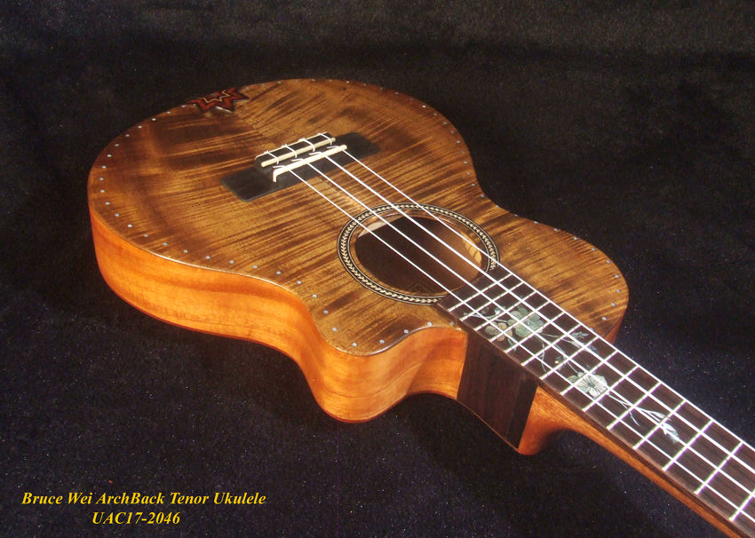 Handcrafted Tenor Ukulele, Carved ARCHBACK Solid Curly Acacia, Mahogany, Floral Inlay, Soft-bag, Bruce Wei UAC17-2046