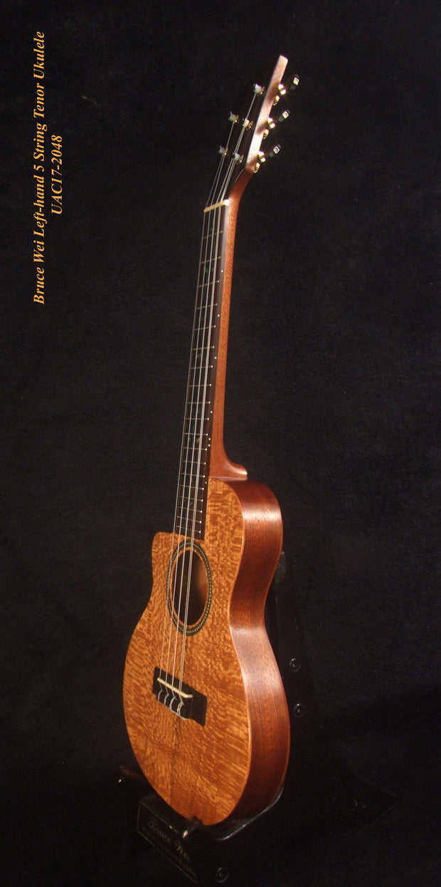Left-handed 5 String Tenor Ukulele, Handmade Solid Pomele, Mahogany Archback, Vine Inlay, Soft-bag, Bruce Wei UAC17-2048