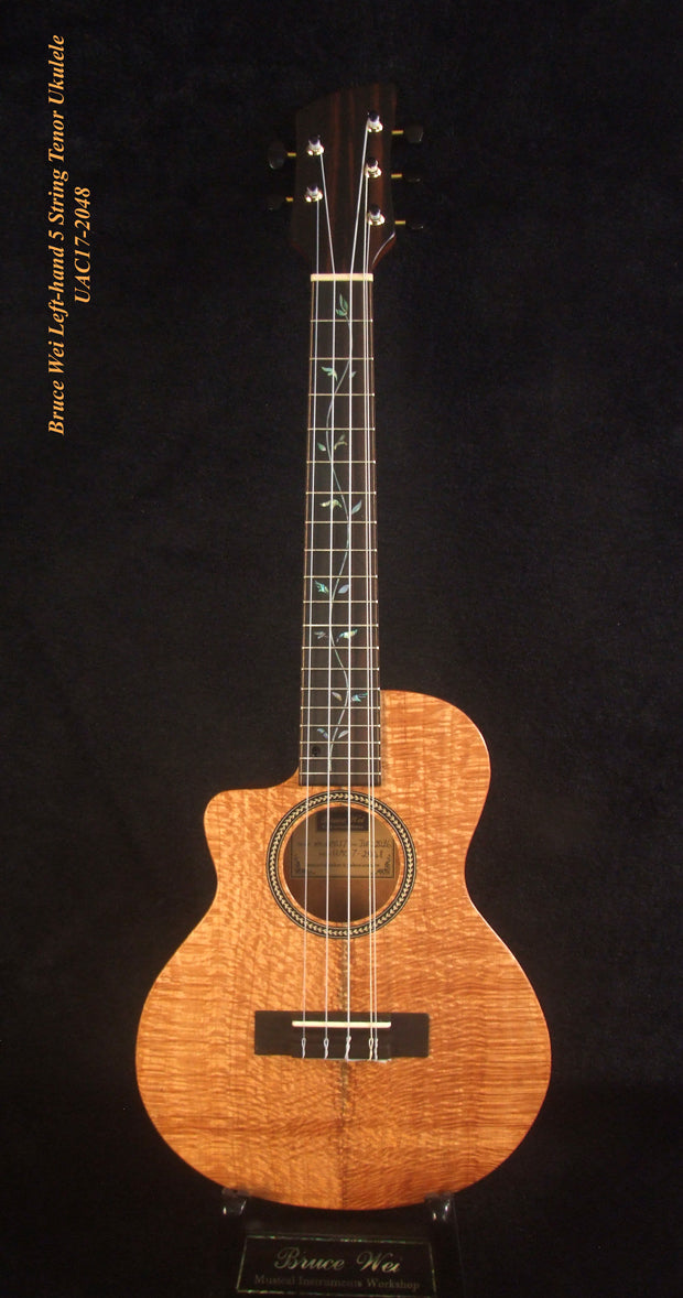 Left-handed 5 String Tenor Ukulele, Handmade Solid Pomele, Mahogany Archback, Vine Inlay, Soft-bag, Bruce Wei UAC17-2048