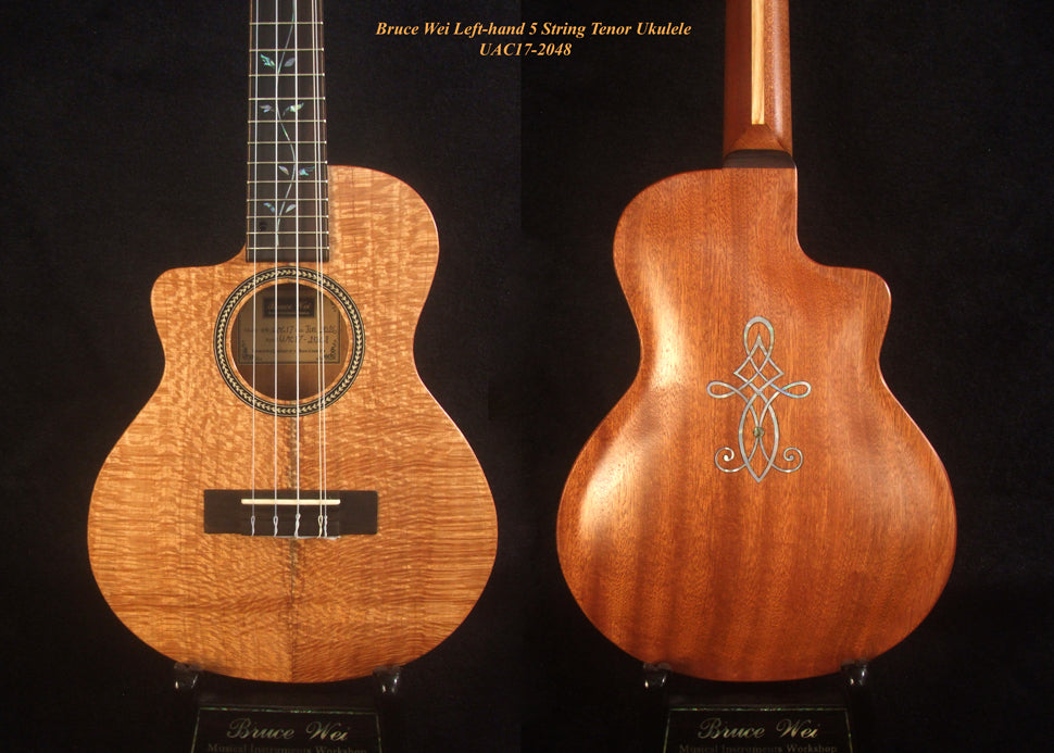 Left-handed 5 String Tenor Ukulele, Handmade Solid Pomele, Mahogany Archback, Vine Inlay, Soft-bag, Bruce Wei UAC17-2048