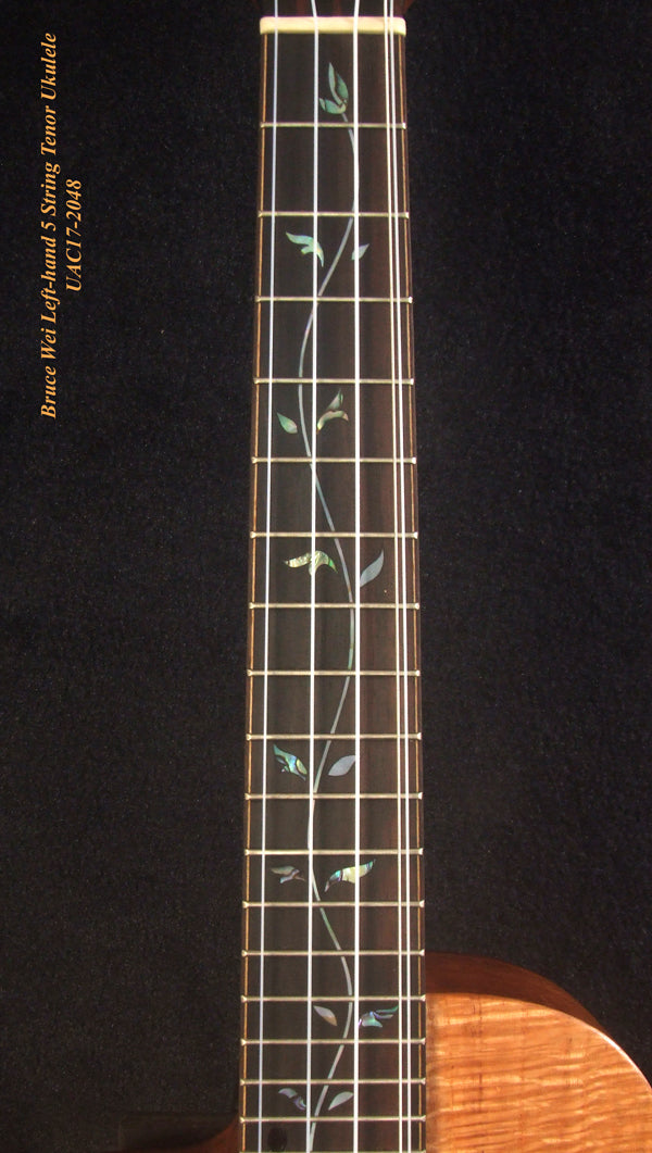 Left-handed 5 String Tenor Ukulele, Handmade Solid Pomele, Mahogany Archback, Vine Inlay, Soft-bag, Bruce Wei UAC17-2048