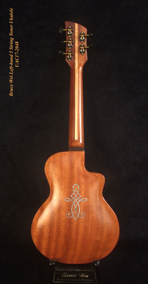Left-handed 5 String Tenor Ukulele, Handmade Solid Pomele, Mahogany Archback, Vine Inlay, Soft-bag, Bruce Wei UAC17-2048