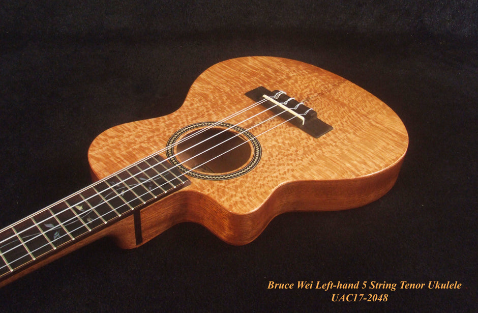 Left-handed 5 String Tenor Ukulele, Handmade Solid Pomele, Mahogany Archback, Vine Inlay, Soft-bag, Bruce Wei UAC17-2048