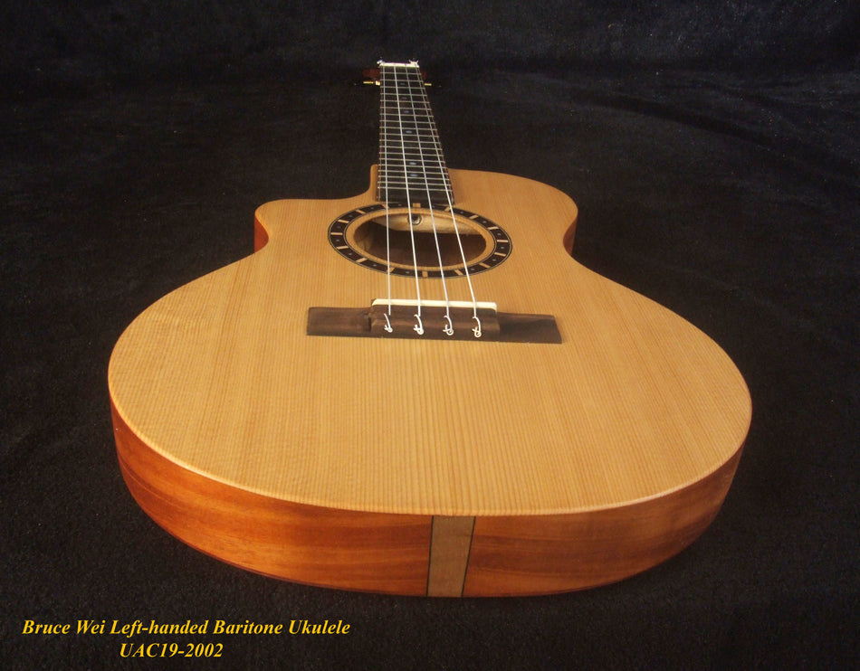 Handmade Left-Handed Baritone Ukulele, Solid Spruce, Rosewood Cutaway, 4 String, Soft-bag, Bruce Wei UAC19-2002