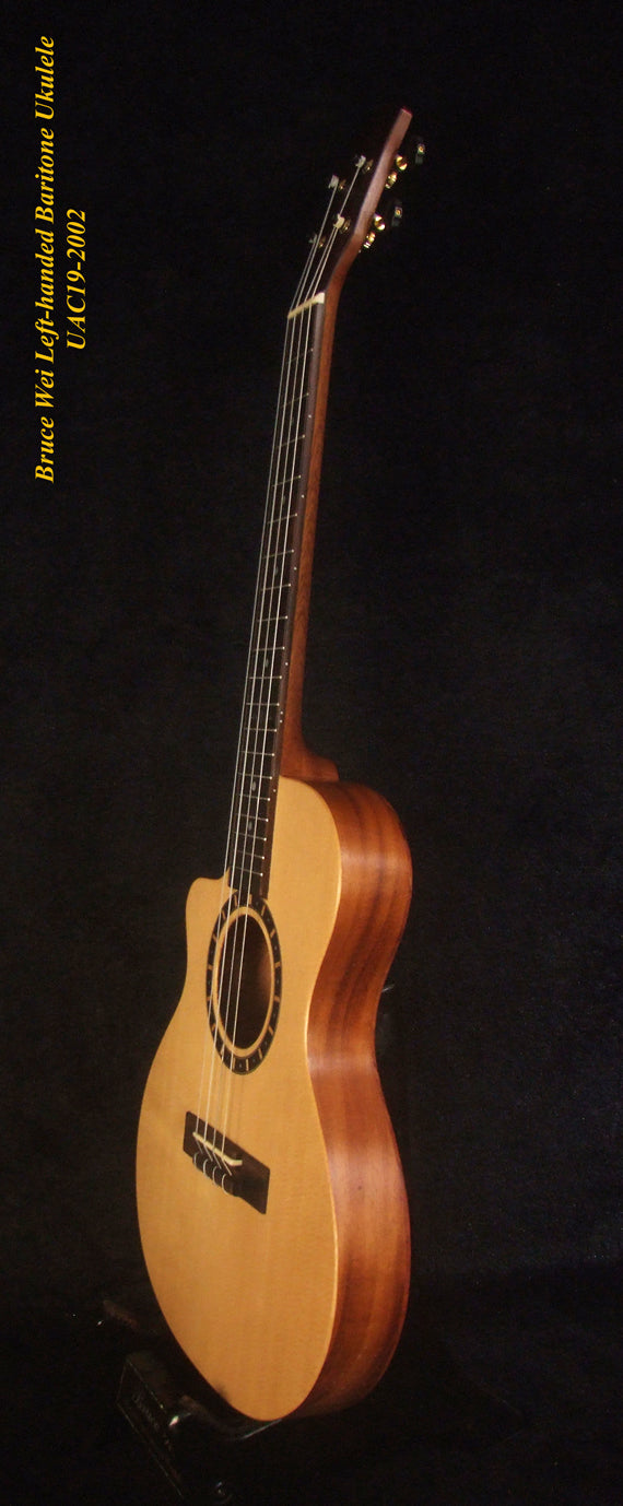 Handmade Left-Handed Baritone Ukulele, Solid Spruce, Rosewood Cutaway, 4 String, Soft-bag, Bruce Wei UAC19-2002