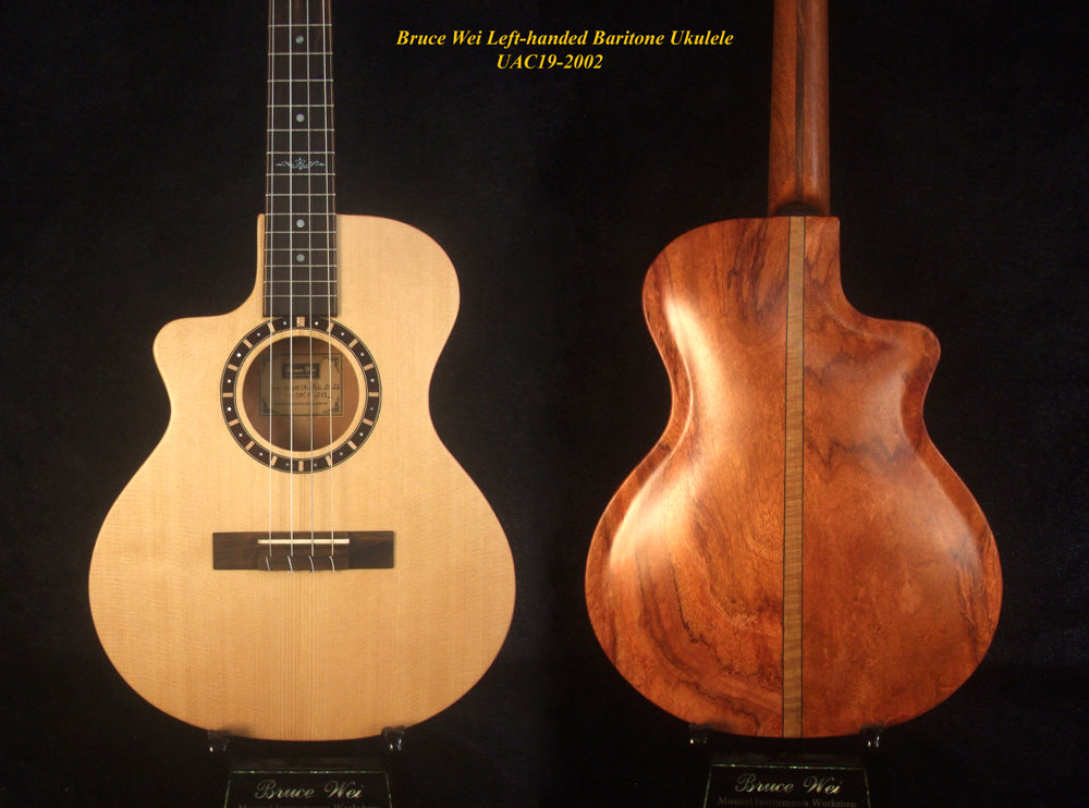 Handmade Left-Handed Baritone Ukulele, Solid Spruce, Rosewood Cutaway, 4 String, Soft-bag, Bruce Wei UAC19-2002