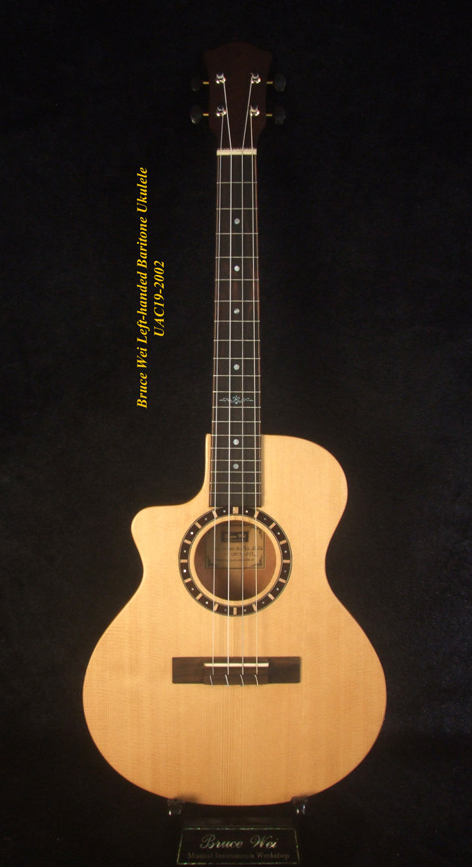 Handmade Left-Handed Baritone Ukulele, Solid Spruce, Rosewood Cutaway, 4 String, Soft-bag, Bruce Wei UAC19-2002