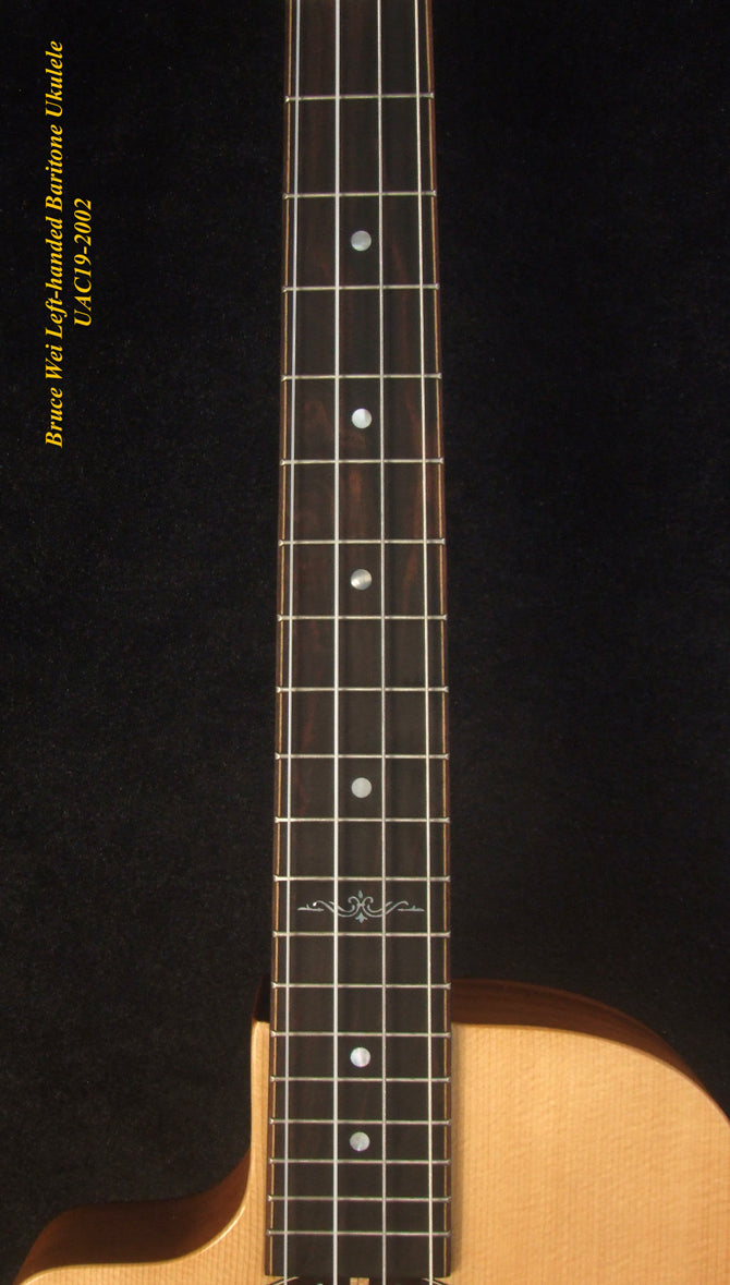 Handmade Left-Handed Baritone Ukulele, Solid Spruce, Rosewood Cutaway, 4 String, Soft-bag, Bruce Wei UAC19-2002