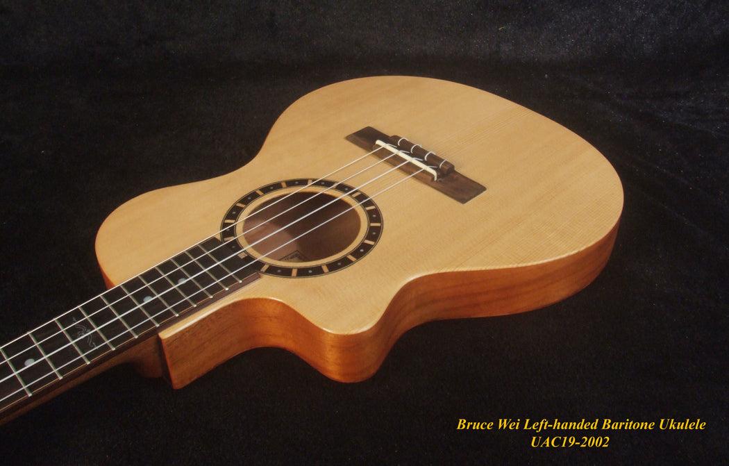 Handmade Left-Handed Baritone Ukulele, Solid Spruce, Rosewood Cutaway, 4 String, Soft-bag, Bruce Wei UAC19-2002