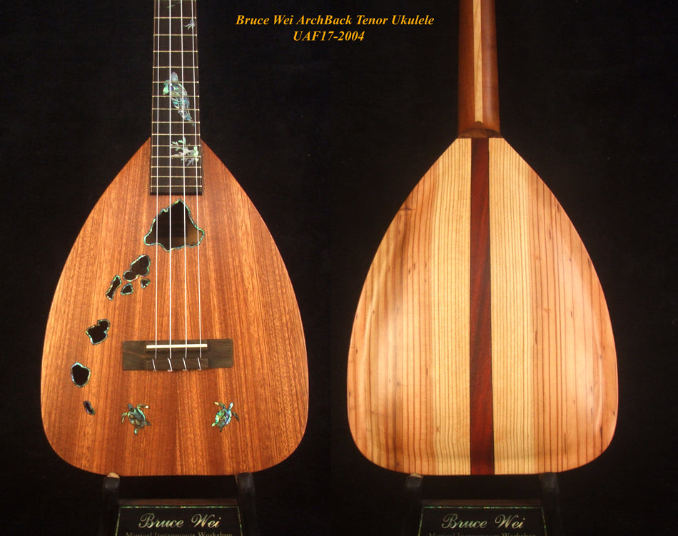 Handcrafted Tenor Ukulele, Solid Acacia, Taiwania Arch-Back, The Islands Soundhole, Turtle Inlay, Soft-bag, Bruce Wei UAF17-2004