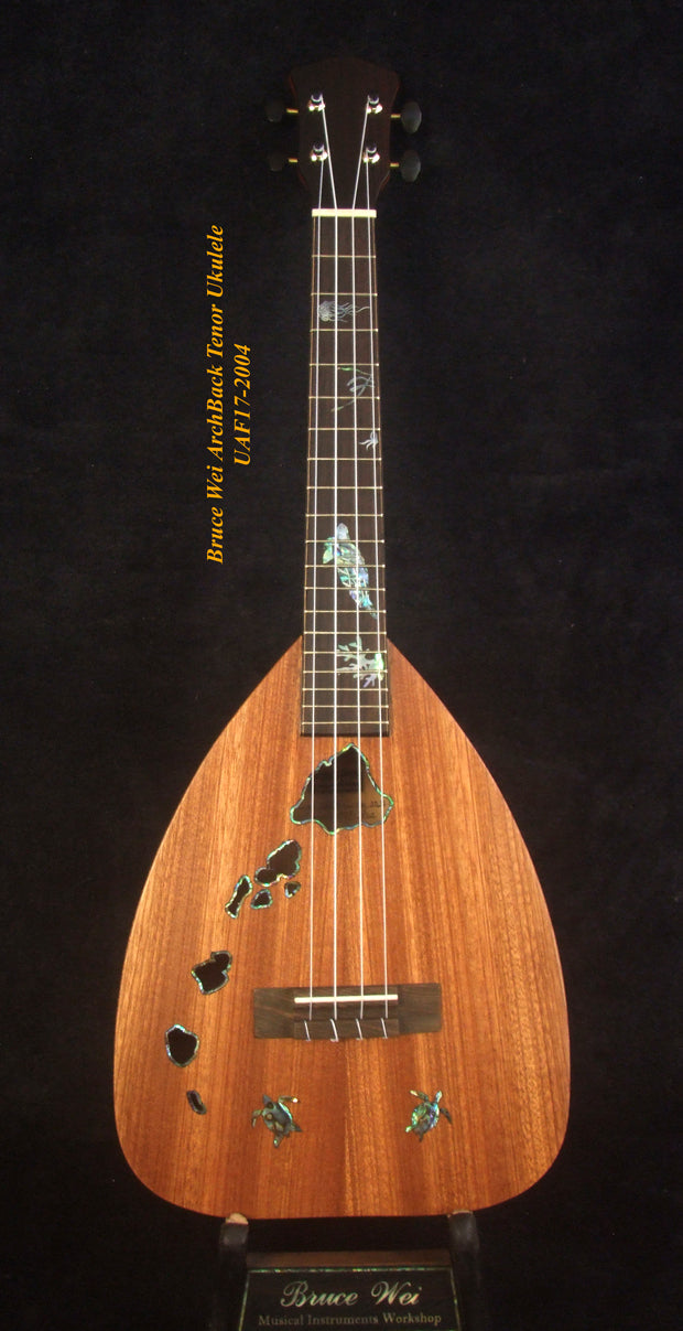 Handcrafted Tenor Ukulele, Solid Acacia, Taiwania Arch-Back, The Islands Soundhole, Turtle Inlay, Soft-bag, Bruce Wei UAF17-2004