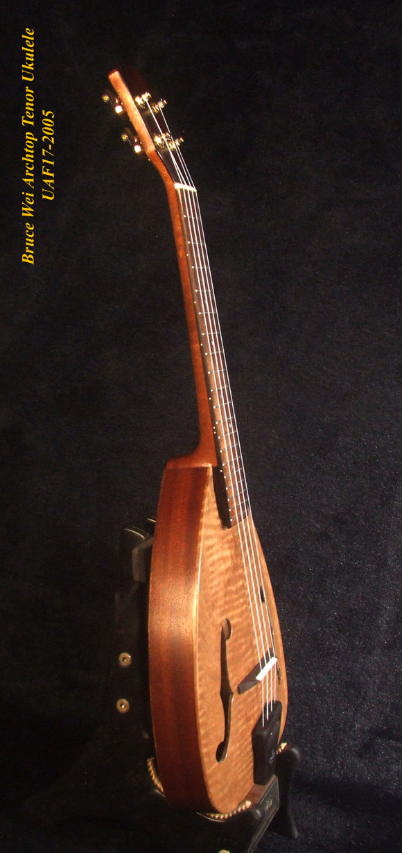 Handmade ArchTop Tenor Ukulele, Solid Curly Maple & Acacia, Arch-Back, F holes, Soft-bag, Bruce Wei UAF17-2005