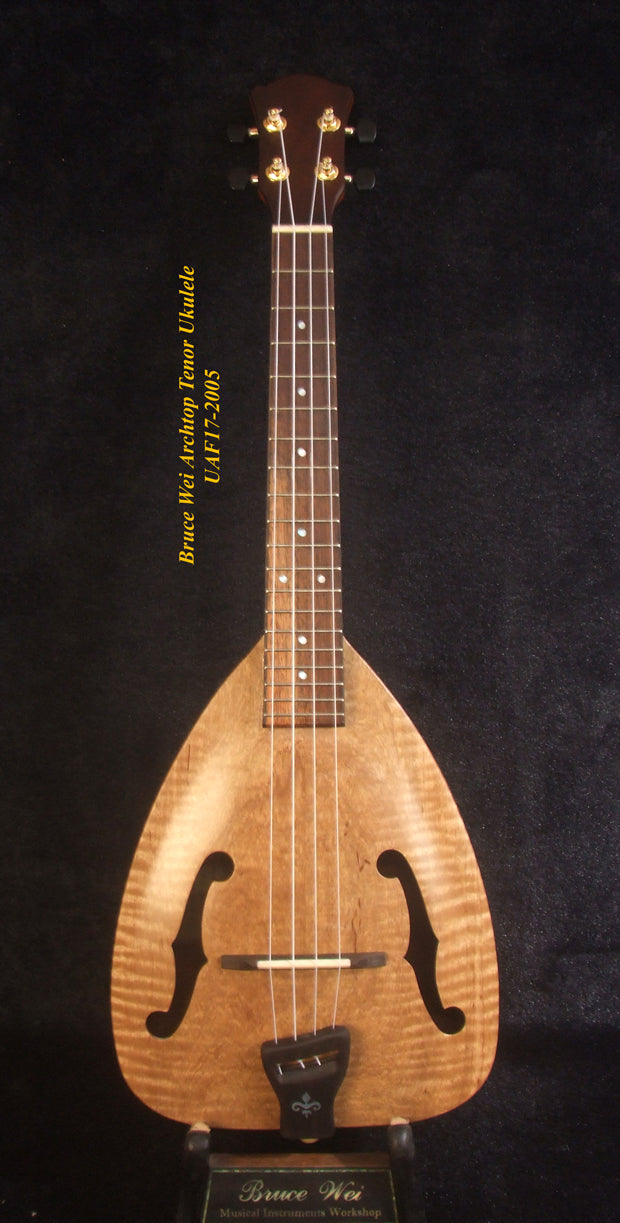 Handmade ArchTop Tenor Ukulele, Solid Curly Maple & Acacia, Arch-Back, F holes, Soft-bag, Bruce Wei UAF17-2005