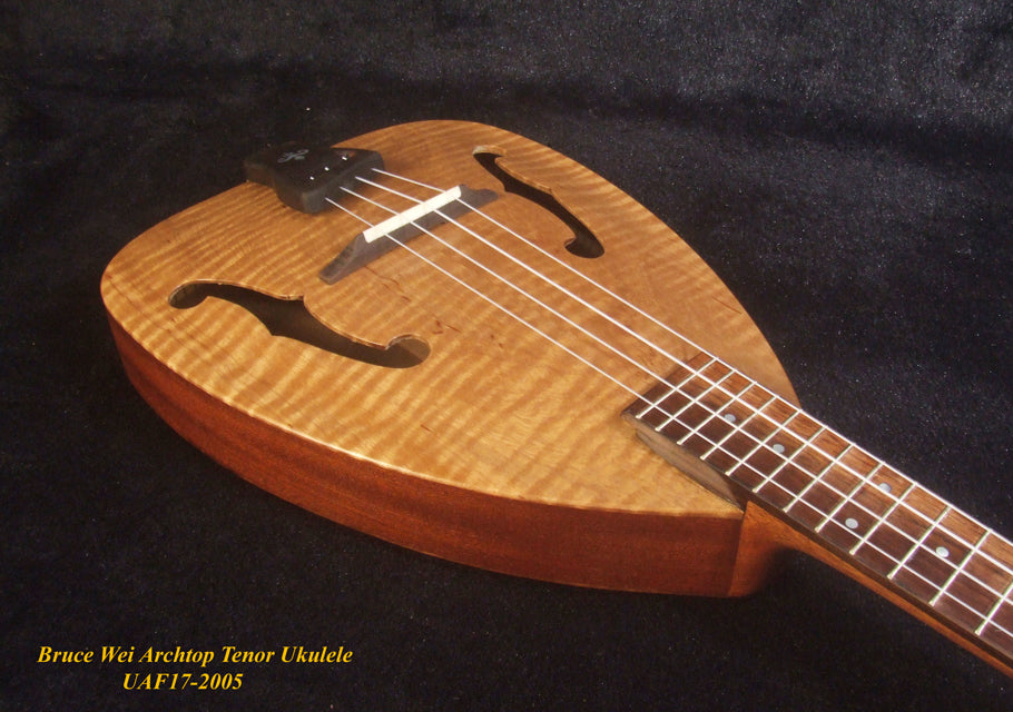 Handmade ArchTop Tenor Ukulele, Solid Curly Maple & Acacia, Arch-Back, F holes, Soft-bag, Bruce Wei UAF17-2005