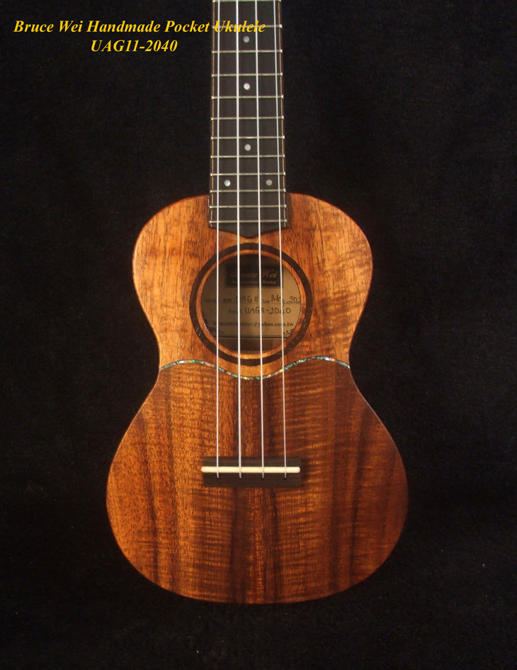 Handmade Sopranissimo/ Pocket Ukulele, Solid Hawaiian Koa, MOP Inlay, Soft-bag, Bruce Wei UAG11-2040