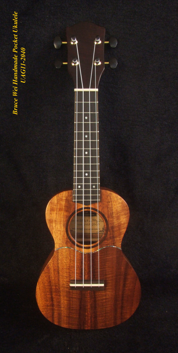 Handmade Sopranissimo/ Pocket Ukulele, Solid Hawaiian Koa, MOP Inlay, Soft-bag, Bruce Wei UAG11-2040