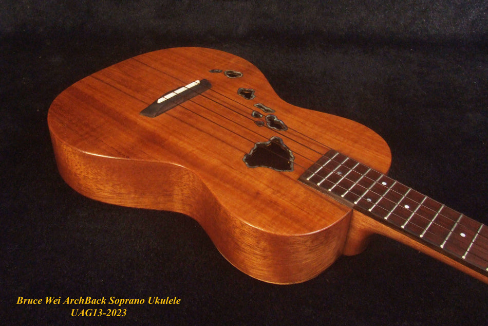 Handcrafted Soprano Ukulele, Hawaiian Koa, Acacia Archback , The Islands Soundhole, Soft-bag, Bruce Wei UAG13-2023