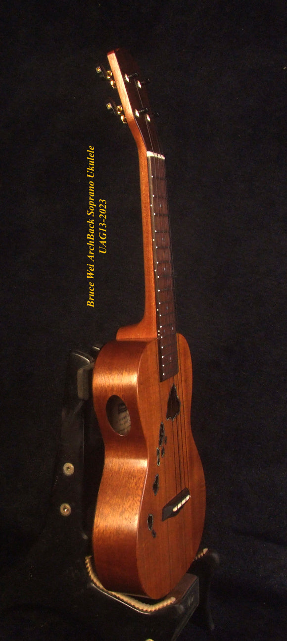 Handcrafted Soprano Ukulele, Hawaiian Koa, Acacia Archback , The Islands Soundhole, Soft-bag, Bruce Wei UAG13-2023