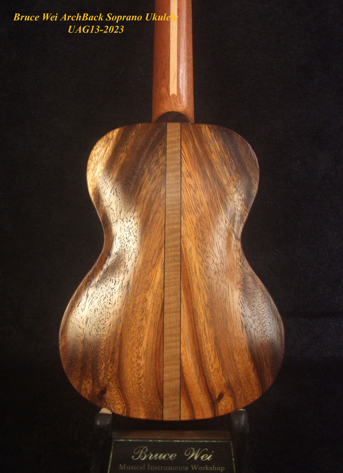 Handcrafted Soprano Ukulele, Hawaiian Koa, Acacia Archback , The Islands Soundhole, Soft-bag, Bruce Wei UAG13-2023