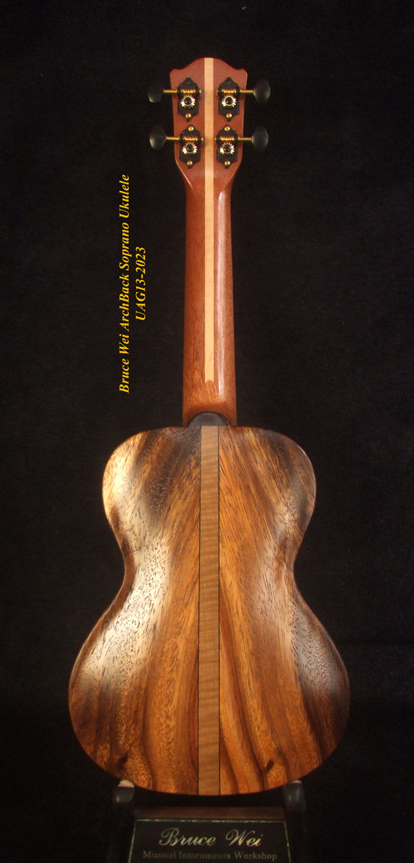 Handcrafted Soprano Ukulele, Hawaiian Koa, Acacia Archback , The Islands Soundhole, Soft-bag, Bruce Wei UAG13-2023