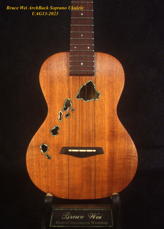 Handcrafted Soprano Ukulele, Hawaiian Koa, Acacia Archback , The Islands Soundhole, Soft-bag, Bruce Wei UAG13-2023