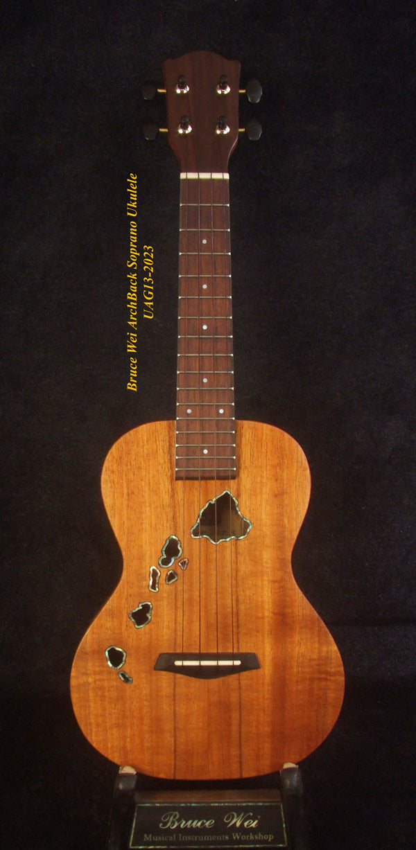 Handcrafted Soprano Ukulele, Hawaiian Koa, Acacia Archback , The Islands Soundhole, Soft-bag, Bruce Wei UAG13-2023