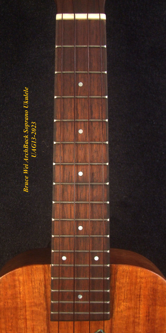 Handcrafted Soprano Ukulele, Hawaiian Koa, Acacia Archback , The Islands Soundhole, Soft-bag, Bruce Wei UAG13-2023