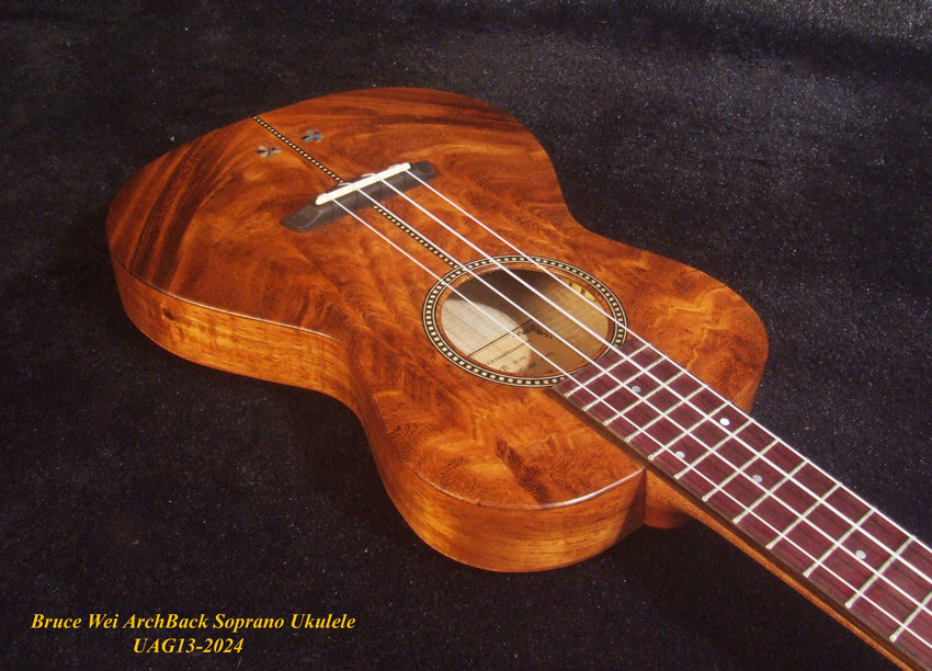 Handcrafted Soprano Ukulele, Curly Acacia, Curly Maple Archback , Abalone Inlay, Soft-bag, Bruce Wei UAG13-2024