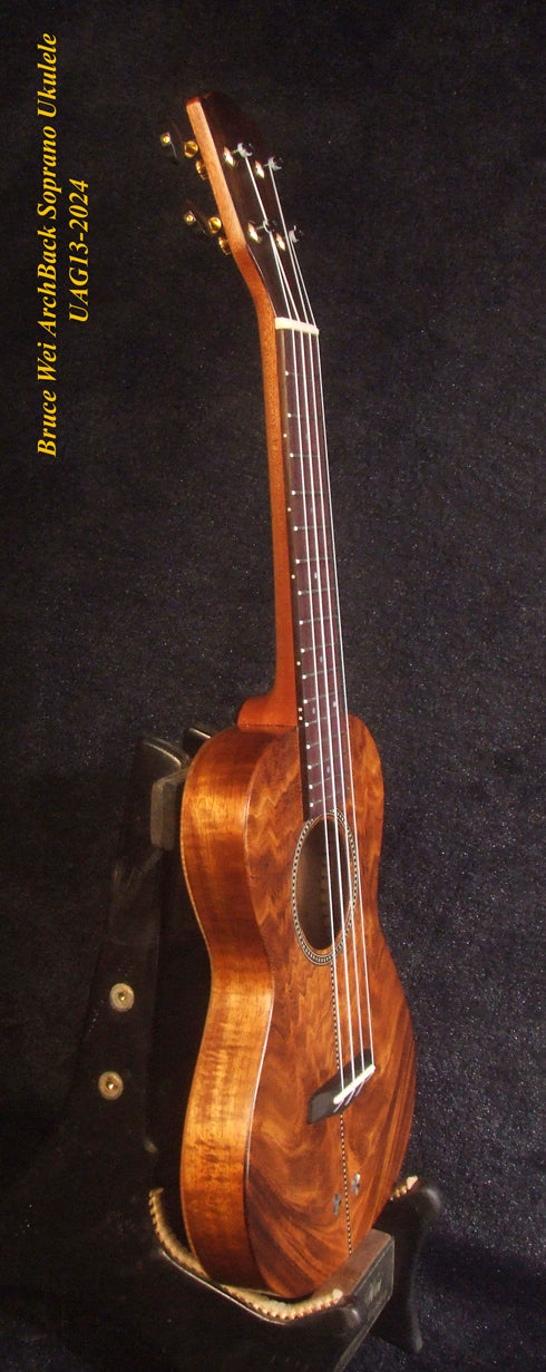 Handcrafted Soprano Ukulele, Curly Acacia, Curly Maple Archback , Abalone Inlay, Soft-bag, Bruce Wei UAG13-2024