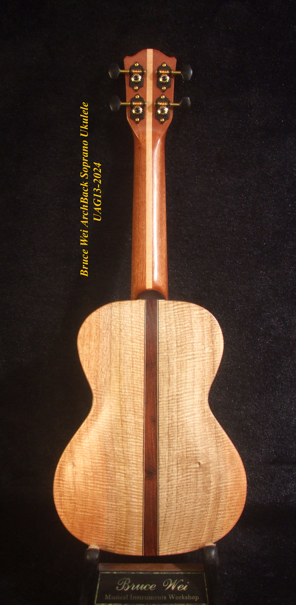 Handcrafted Soprano Ukulele, Curly Acacia, Curly Maple Archback , Abalone Inlay, Soft-bag, Bruce Wei UAG13-2024