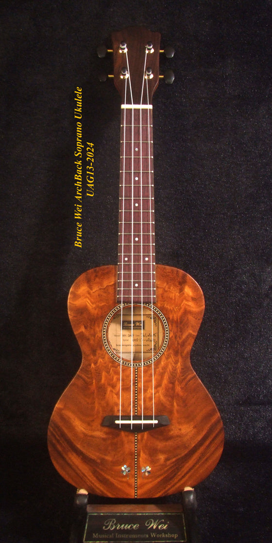 Handcrafted Soprano Ukulele, Curly Acacia, Curly Maple Archback , Abalone Inlay, Soft-bag, Bruce Wei UAG13-2024