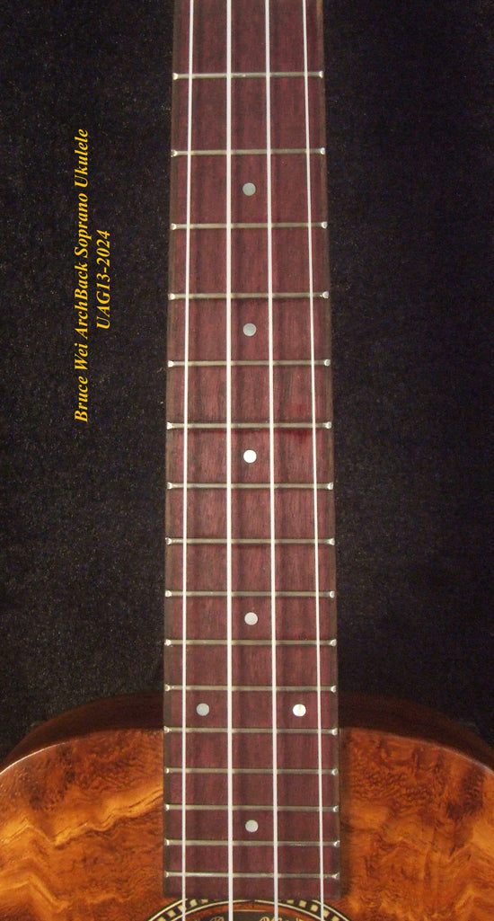 Handcrafted Soprano Ukulele, Curly Acacia, Curly Maple Archback , Abalone Inlay, Soft-bag, Bruce Wei UAG13-2024