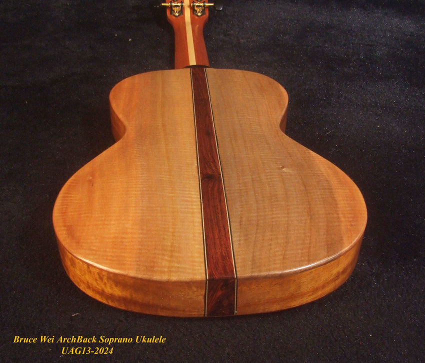 Handcrafted Soprano Ukulele, Curly Acacia, Curly Maple Archback , Abalone Inlay, Soft-bag, Bruce Wei UAG13-2024