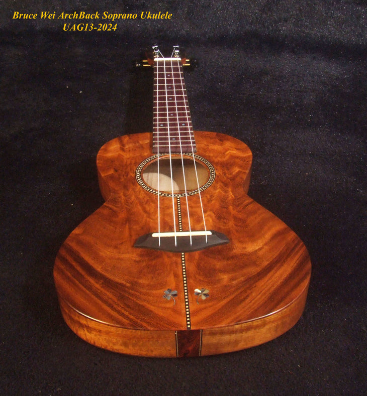 Handcrafted Soprano Ukulele, Curly Acacia, Curly Maple Archback , Abalone Inlay, Soft-bag, Bruce Wei UAG13-2024
