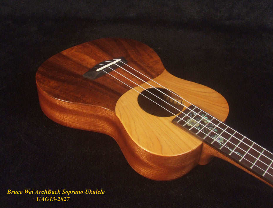 Handcrafted Soprano Ukulele Hawaiian Koa & Mahogany Archback , Floral inlay, Soundhole, Soft-bag, Bruce Wei UAG13-2027