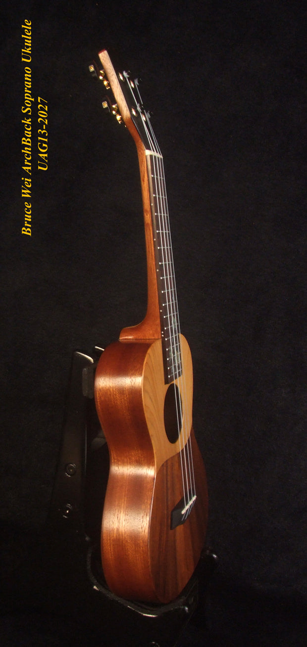 Handcrafted Soprano Ukulele Hawaiian Koa & Mahogany Archback , Floral inlay, Soundhole, Soft-bag, Bruce Wei UAG13-2027